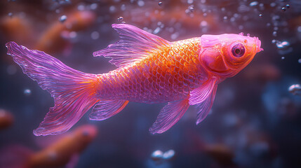 Fototapeta premium a goldfish with a glowing, ethereal appearance, surrounded by a background of blue lights and bubbles