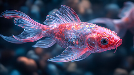 Fototapeta premium a goldfish with a glowing, ethereal appearance, surrounded by a background of blue lights and bubbles