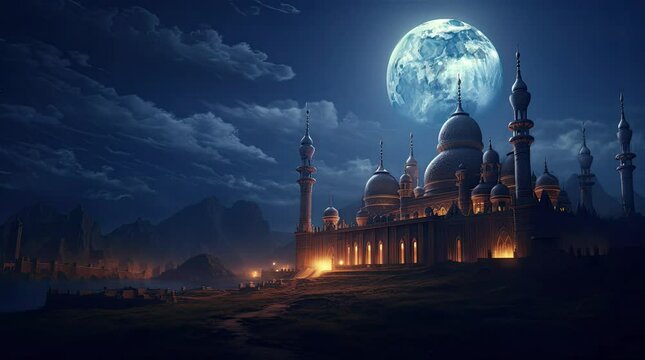 A view of a mosque with a supermoon in the night sky. 4k animated video
