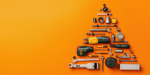 Creative christmas tree made of tools workshop setting unique holiday decor vibrant orange background