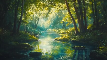 Fototapeta premium A peaceful woodland stream with crystal-clear water, smooth stones, and the sound of birdsong
