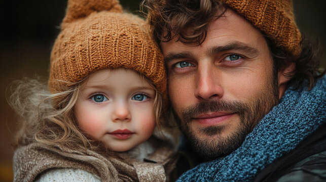 A close-up of a man and young girll Both are wearing knitted hats