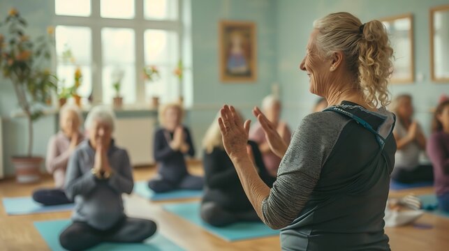 A yoga class with a diverse group of participants, including a senior woman.