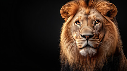 Naklejka premium Majestic Male Lion Portrait Against a Dramatic Black Background