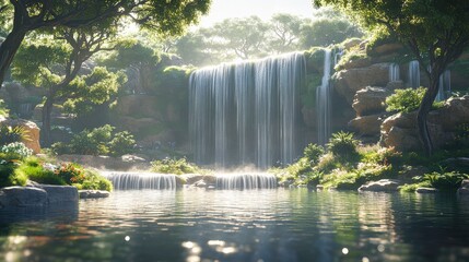 Stunning Serene Waterfall Surrounded by Lush Greenery and Vibrant Flora in a Tranquil Natural Landscape Ideal for Nature Lovers and Relaxation Enthusiasts