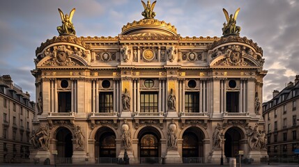 Obraz premium Majestic Parisian building at sunrise.