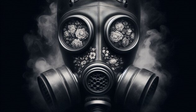 A gas mask, a symbol of protection against a toxic world, is adorned with delicate roses, a reminder of beauty amidst the darkness.