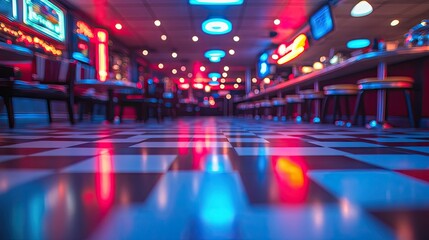 Obraz premium Retro diner interior at night, checkerboard floor, neon lights, blurred background.