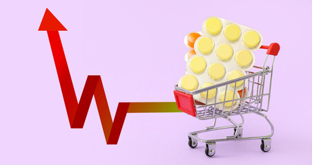 Shopping cart with pills on purple background