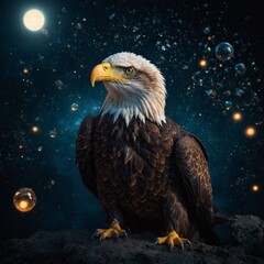 An eagle surrounded by surreal glowing orbs in a dark void.