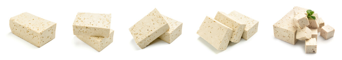Set of tasty tofu cheese on white background