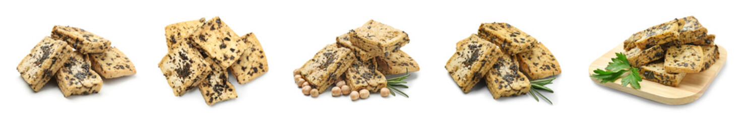Set of tasty tofu cheese on white background