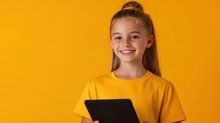 Happy girl in a yellow shirt holding a tablet, vivid background.