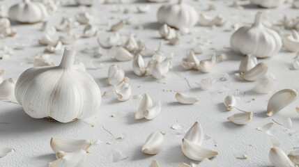Fresh Garlic Cloves and Bulbs on White Background
