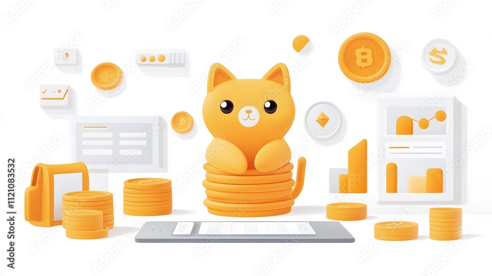 Poster a dynamic display of stacked coins, financial charts, and digital tools for economic success. white 