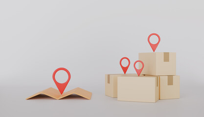 Online business and delivery commercial, Cardboard box parcel box transporting with pin map location