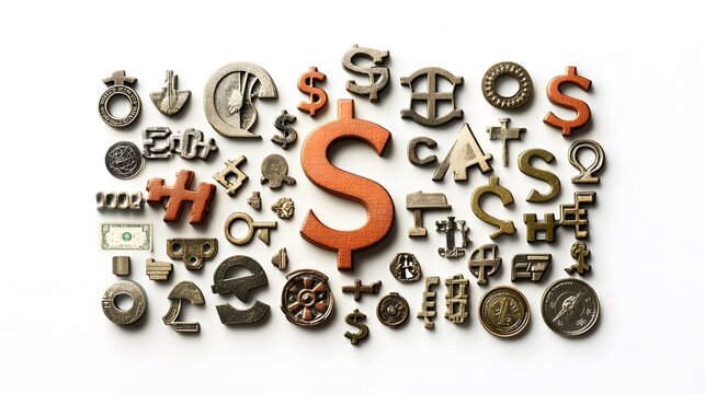 A detailed arrangement of dollar signs, euro symbols, and yen icons arranged symmetrically to signify global finance. White background. No shadow