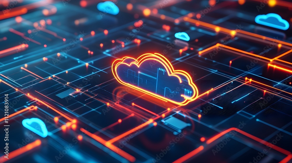 Poster a vibrant arrangement of network icons, cloud symbols, and connectivity lines illustrating modern di