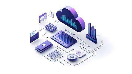 A dynamic collection of digital devices, cloud icons, and graphs representing tech integration in business. White background. No shadow