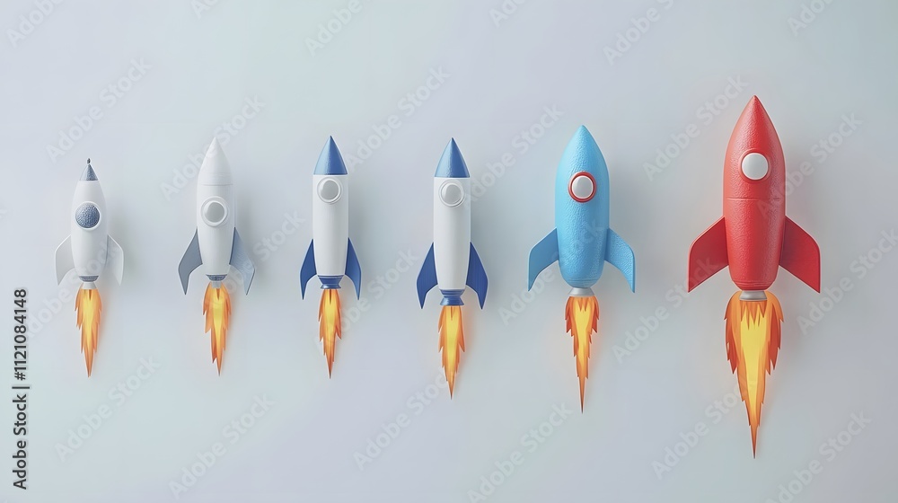 Poster a vibrant layout of rocket icons, growth lines, and globe symbols representing business launch and e