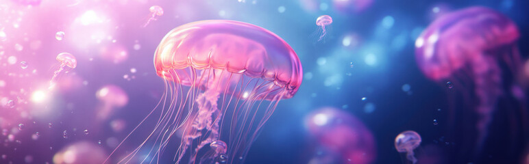 Illustration of floating jellyfish with transparent, trailing tentacles moving gracefully underwater