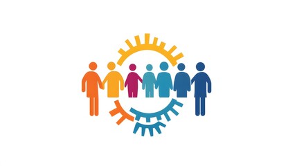 A sleek grouping of team-oriented icons, circular progress lines, and goal symbols for collaboration. White background. No shadow