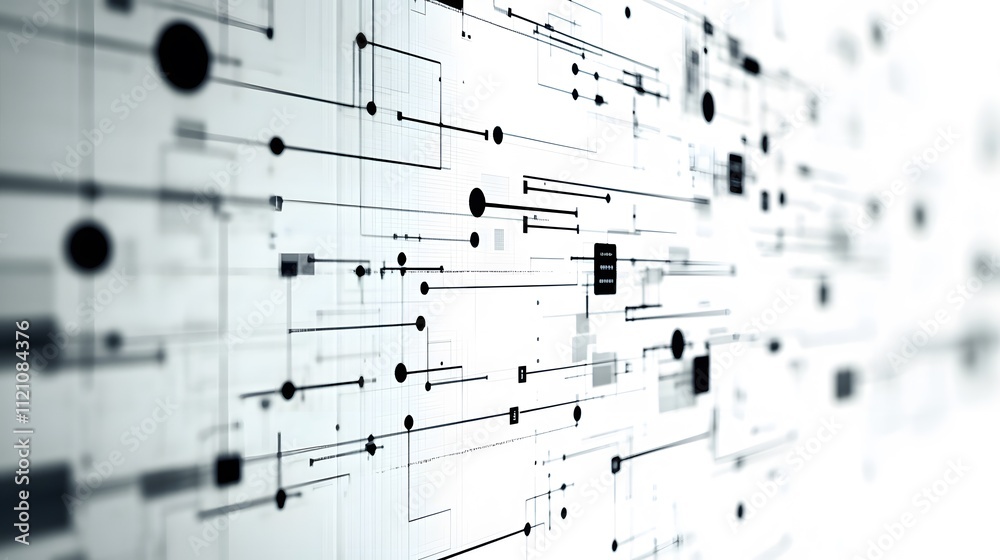 Poster a display of flowchart symbols, stock market icons, and digital tools for connectivity. white backgr