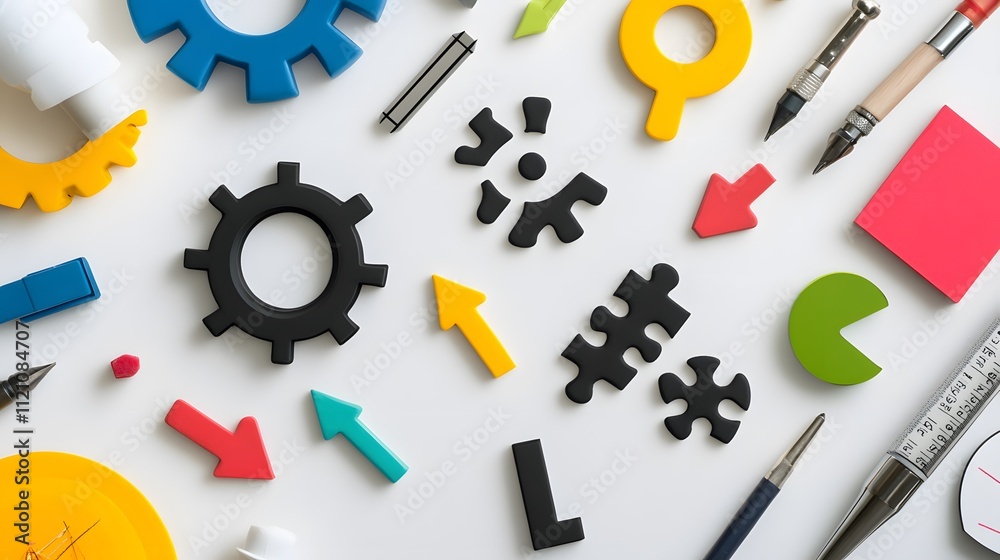 Poster a display of digital tools, arrow icons, and puzzle pieces for strategic problem-solving. white back