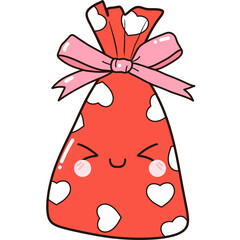 Groovy red valentine gift with hearts and pink coquette bow clipart, cute cartoon character illustration 