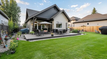 Medium Modern Farmhouse with Spacious Backyard Lawn This home combines clean lines with a cozy farmhouse feel in this tranquil outdoor view.
