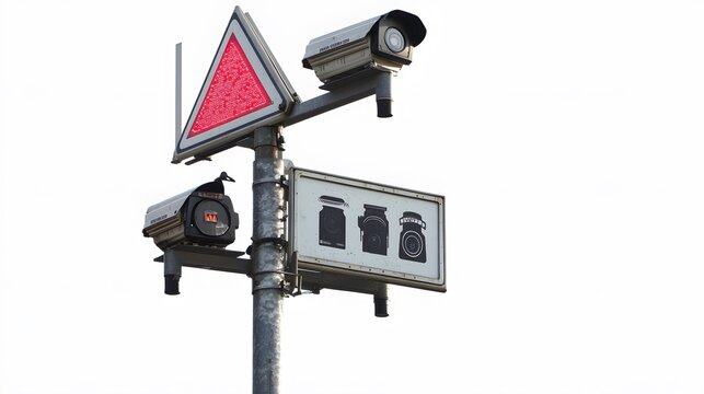 A sleek layout of traffic camera warning signs, with camera icons and text. White background. No shadow