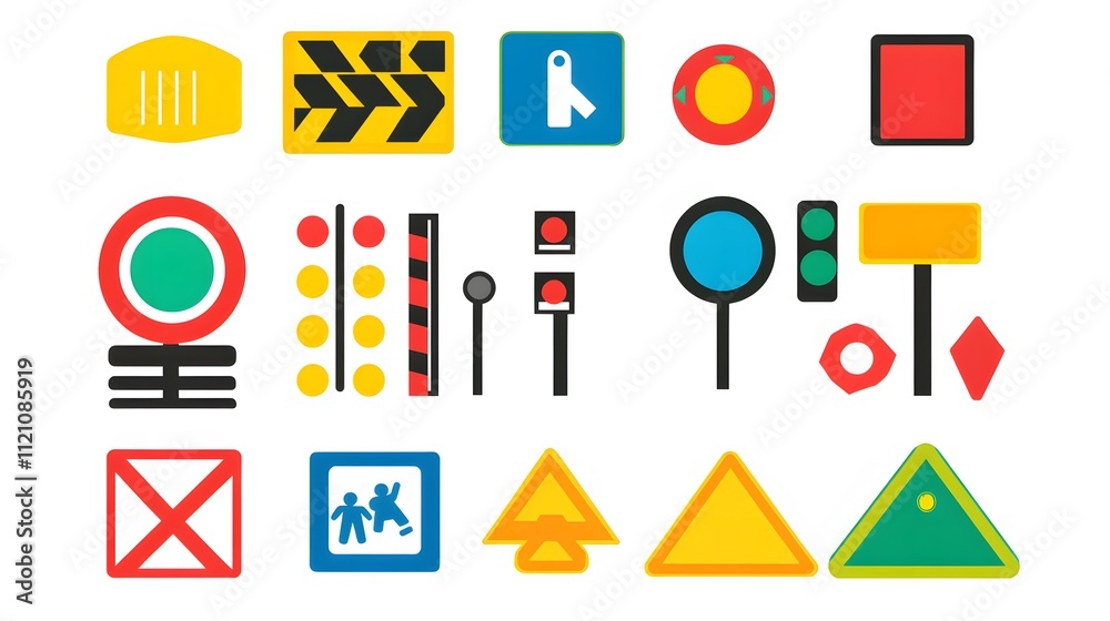 Poster a vibrant layout of traffic light control signs, with signal icons in standard colors. white backgro
