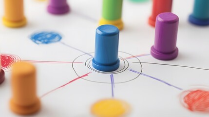 A symbolic grouping of circular progress bars, graph icons, and organizational charts. White background. No shadow