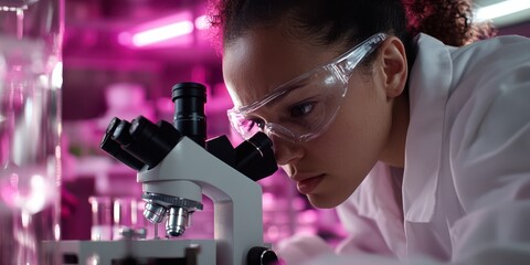 A determined scientist peers through a microscope in a vividly lit lab, embodying the pursuit of knowledge and scientific discovery.