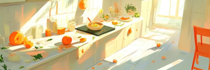A bright kitchen scene with a bowl of salad and scattered fruits, bathed in sunlight.