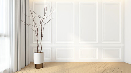 Empty room with wall cornice using white tones in the decoration design. 3D rendering © Phongphan