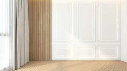 Empty room with wall cornice using white tones in the decoration design. wood slat wall and wood floor. 3D rendering