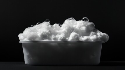 A mound of bright, airy soap bubbles contained in a simple plastic tub, the glossy foam stark against black emptiness
