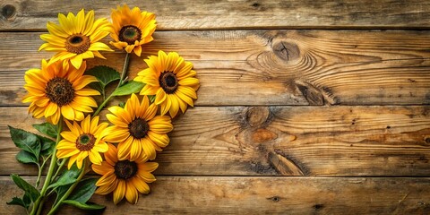 Rustic Wooden Background with Vibrant Yellow Sunflowers Arranged Artistically