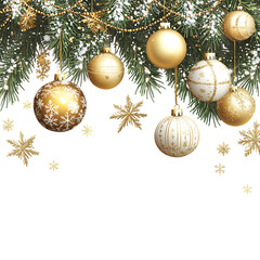 Gold and white Christmas ornaments on fir branches