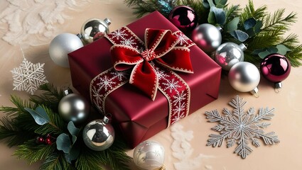 A luxurious Christmas gift wrapped in a crimson satin ribbon with snowflake embroidery, tied in an elegant bow. Surrounded by festive ornaments in silver, white, and mercury glass, delicate snowflakes