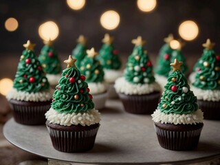 Festively decorated cupcakes resemble miniature Christmas trees, perfect for a holiday gathering