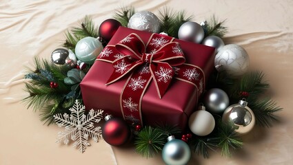 A luxurious Christmas gift wrapped in a crimson satin ribbon with snowflake embroidery, tied in an elegant bow. Surrounded by festive ornaments in silver, white, and mercury glass, delicate snowflakes