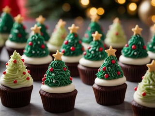 Festively decorated cupcakes resemble miniature Christmas trees, perfect for a holiday gathering