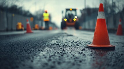 A slight bend in the asphalt road channeled by bright cones, background showing workers in high-visibility vests and machinery