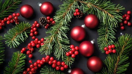 Top view of Christmas decorations including pine branches, red ornaments, and berries. A festive holiday arrangement with a black background, conveying warmth and celebration