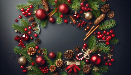 Top view of Christmas decorations including pine branches, red ornaments, and berries. A festive holiday arrangement with a black background, conveying warmth and celebration