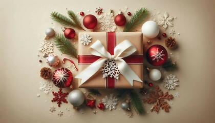 A luxurious Christmas gift wrapped in a crimson satin ribbon with snowflake embroidery, tied in an elegant bow. Surrounded by festive ornaments in silver, white, and mercury glass, delicate snowflakes