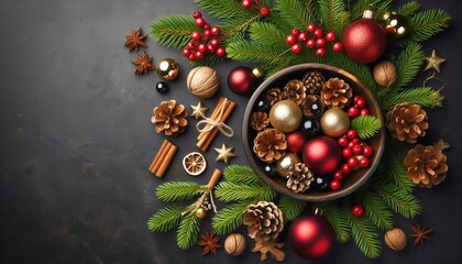 Top view of Christmas decorations including pine branches, red ornaments, and berries. A festive holiday arrangement with a black background, conveying warmth and celebration