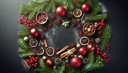 Top view of Christmas decorations including pine branches, red ornaments, and berries. A festive holiday arrangement with a black background, conveying warmth and celebration